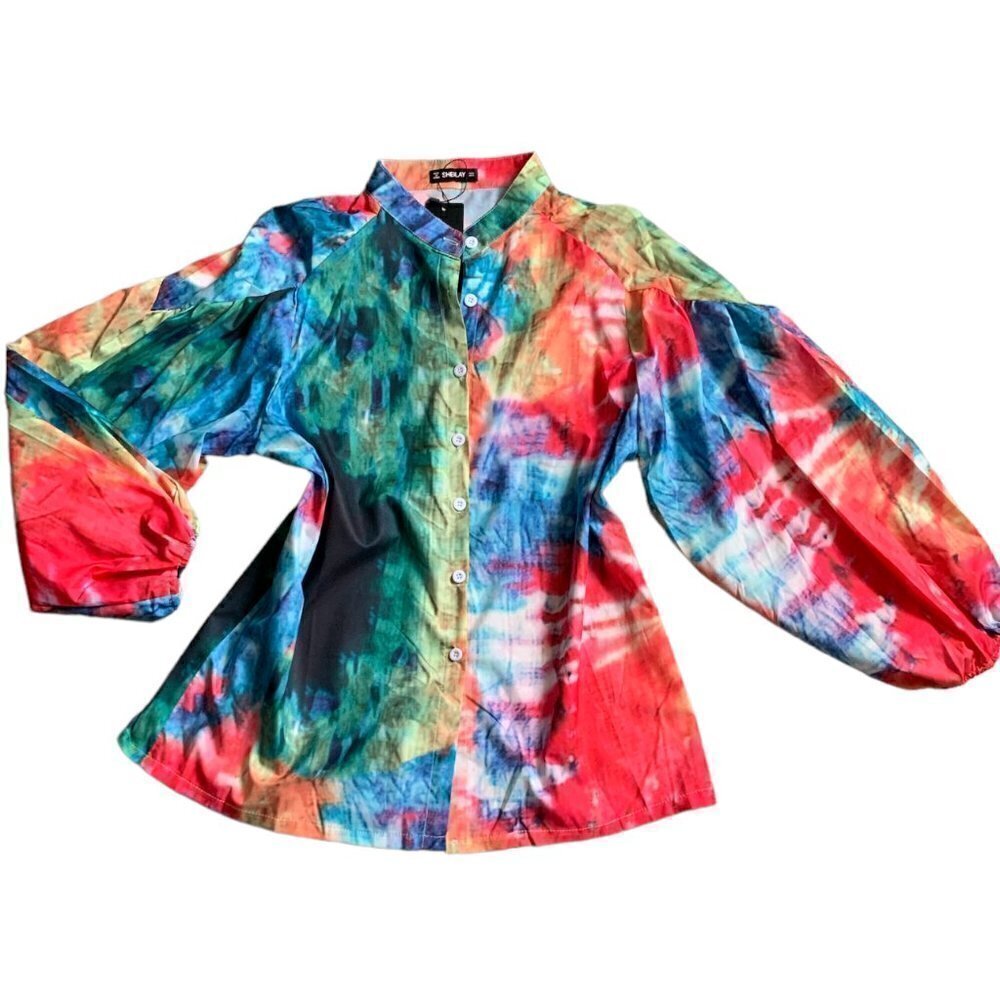 NWT Sheilay Colorful Rainbow Tie Dye Button‎ Front Top Balloon Sleeve Sz S #104N